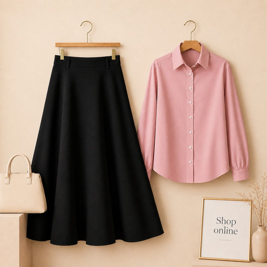 LIGHT PINK BUTTON DOWN WITH BLACK TWILL LONG SKIRT