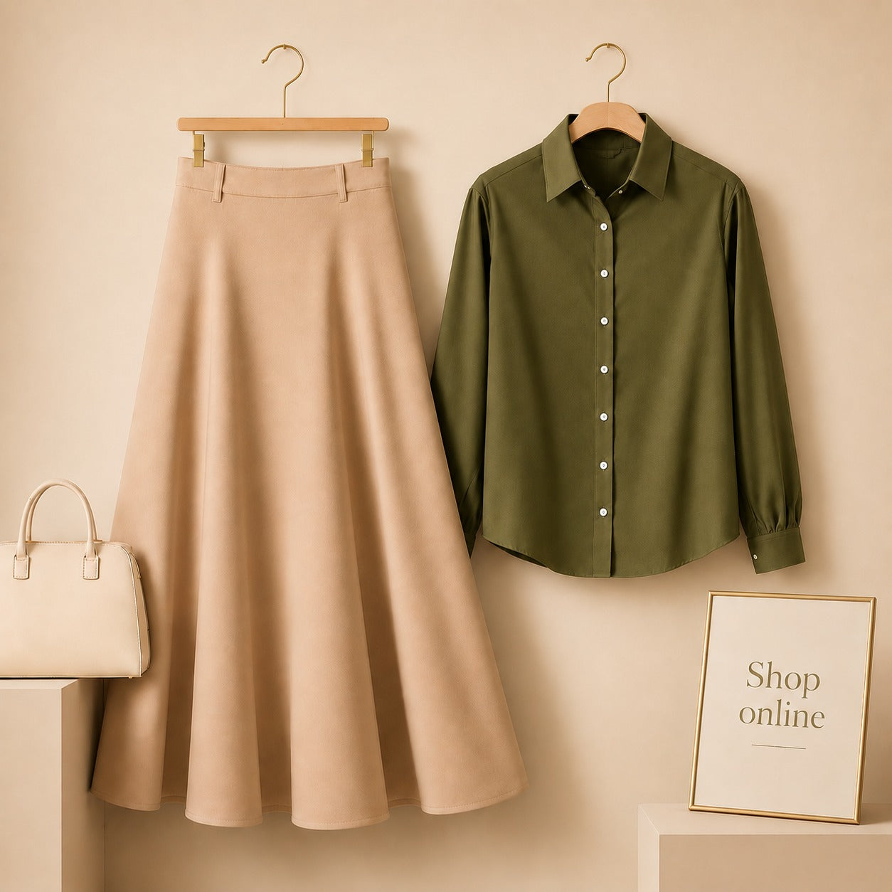 OLIVE GREEN BUTTON DOWN WITH BEIGE TWILL LONG SKIRT