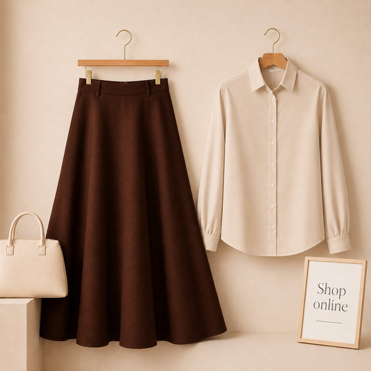 BEIGE BUTTON DOWN WITH BROWN TWILL LONG SKIRT