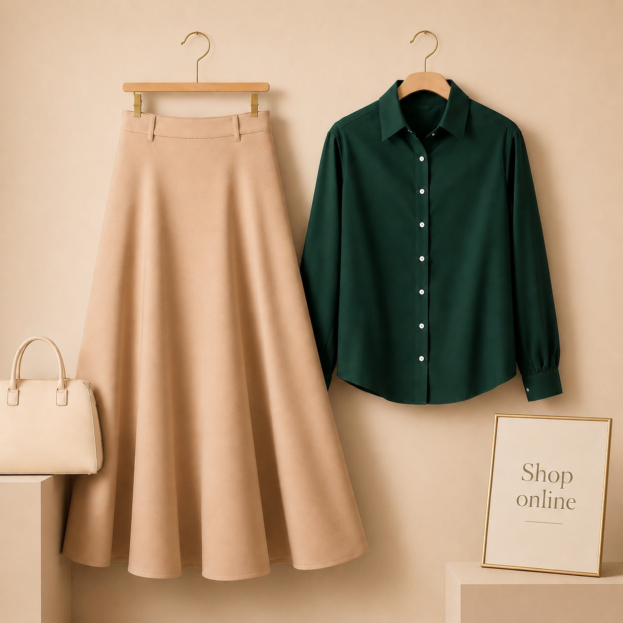 DARK GREEN BUTTON DOWN WITH BEIGE TWILL LONG SKIRT