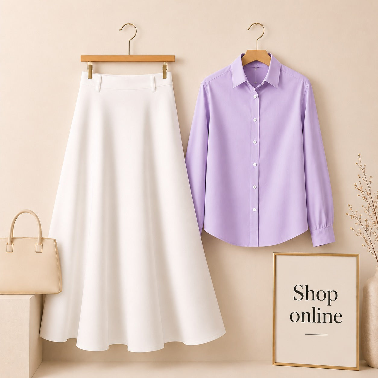 LILAC BUTTON DOWN WITH WHITE TWILL LONG SKIRT