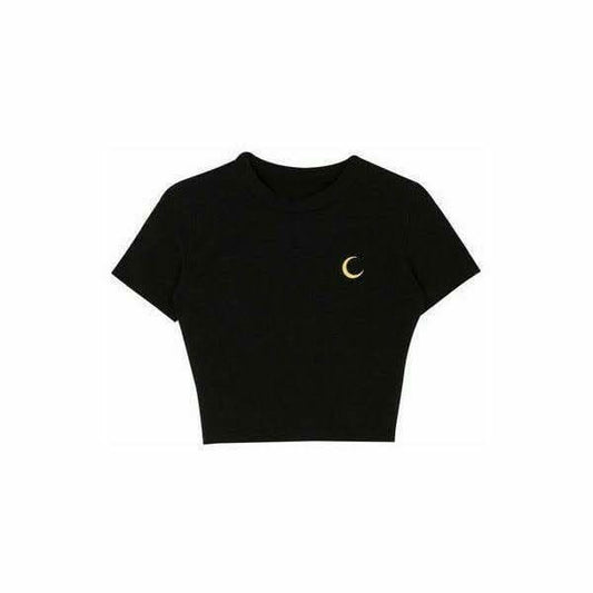 BLACK CROP TSHIRT YELLOW MOON AT POCKET