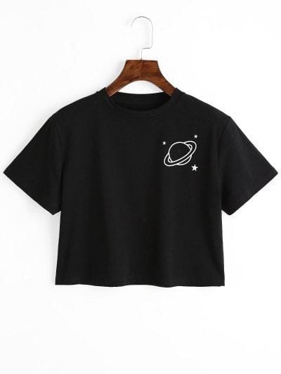 BLACK CROP TSHIRT SATURN AT POCKET