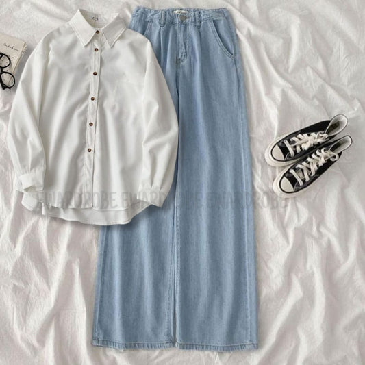 WHITE BUTTON DOWN SHIRT WITH ICE BLUE WIDE LEG JEANS