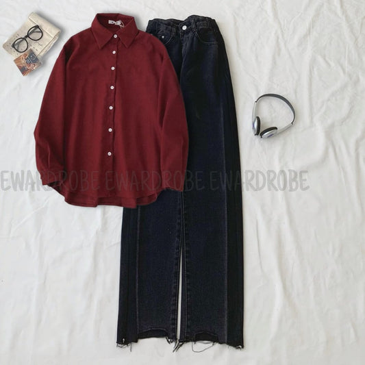 MAROON BUTTON DOWN SHIRT WITH BLACK WIDE LEG JEANS