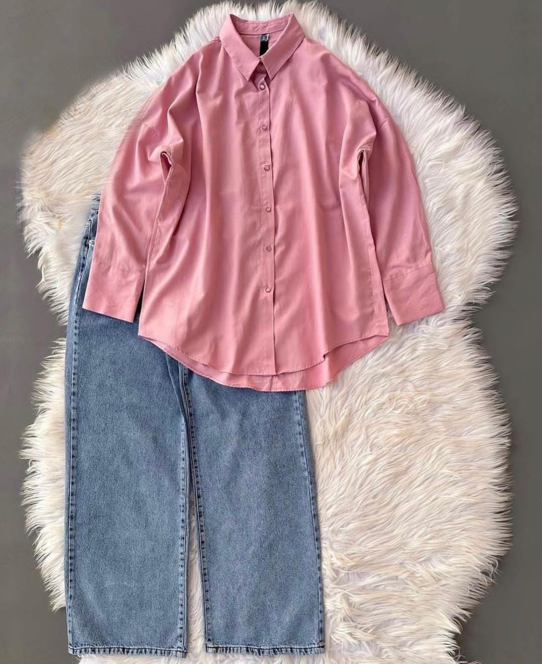 LIGHT PINK BUTTON DOWN SHIRT WITH ICE BLUE WIDE LEG JEANS