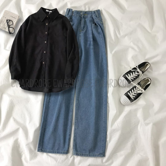 BLACK BUTTON DOWN SHIRT WITH MID BLUE WIDE LEG JEANS