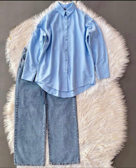 SKY BLUE BUTTON DOWN SHIRT WITH ICE BLUE WIDE LEG JEANS