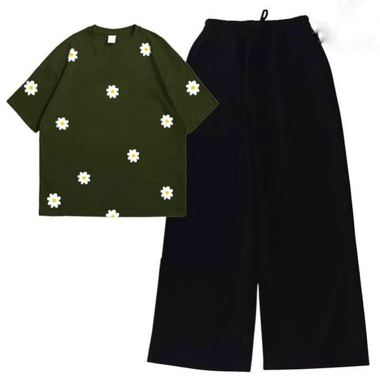 OLIVE TSHIRT SUNFLOWER ALL OVER WITH BLACK FLAPPER