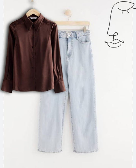 DARK BROWN BUTTON DOWN SHIRT WITH SKY BLUE WIDE LEG JEANS