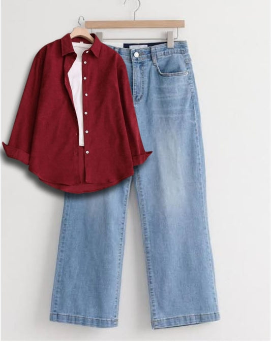 MAROON BUTTON DOWN SHIRT WITH INNER WITH ICE BLUE WIDE LEG JEANS