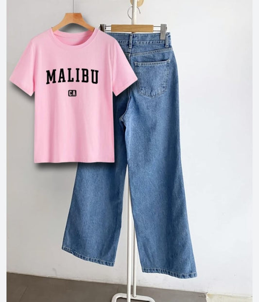 PINK TSHIRT MALIBU WITH MID BLUE WIDE LEG JEANS