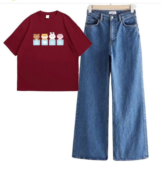 MAROON TSHIRT LOVE CARTOONS WITH MID BLUE WIDE LEG JEANS