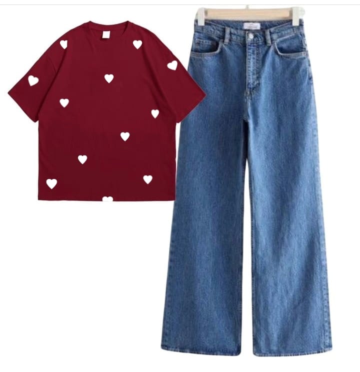 MAROON TSHIRT FILLED HEARTS ALLOVER WITH MID BLUE WIDE LEG JEANS