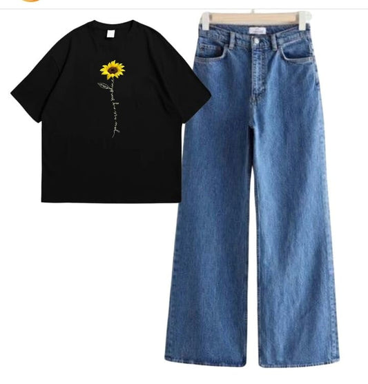 BLACK TSHIRT SUNFLOWER YOU ARE MY SUNSHINE WITH MID BLUE WIDE LEG JEANS