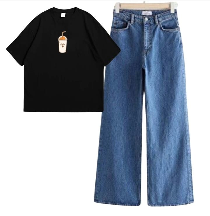 BLACK TSHIRT NEW COFFEE CUP WITH MID BLUE WIDE LEG JEANS