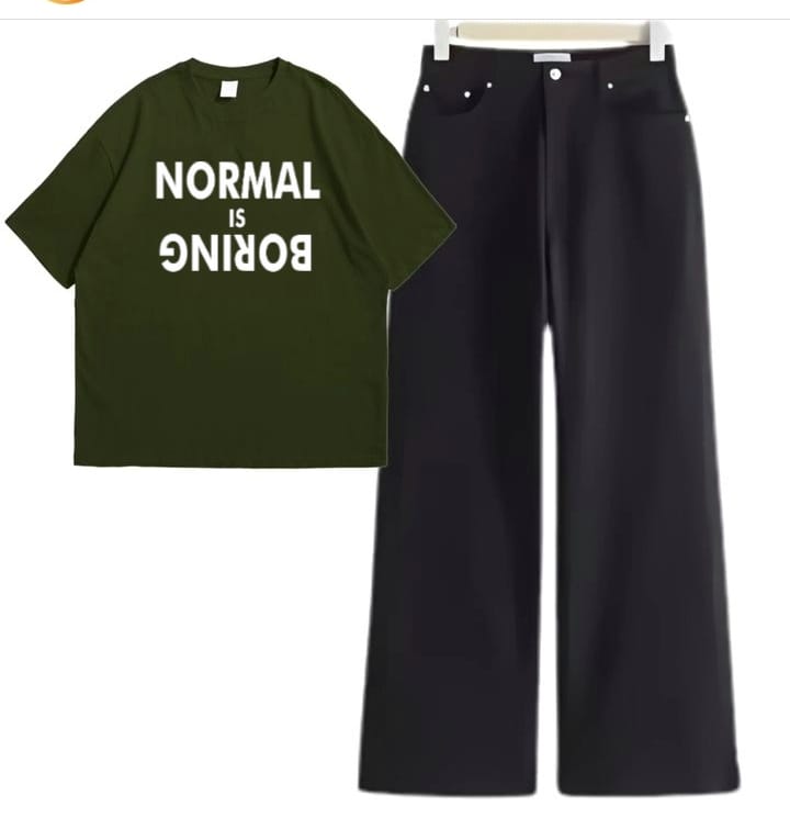 OLIVE GREEN TSHIRT NORMAL IS BORING WITH BLACK WIDE LEG JEANS