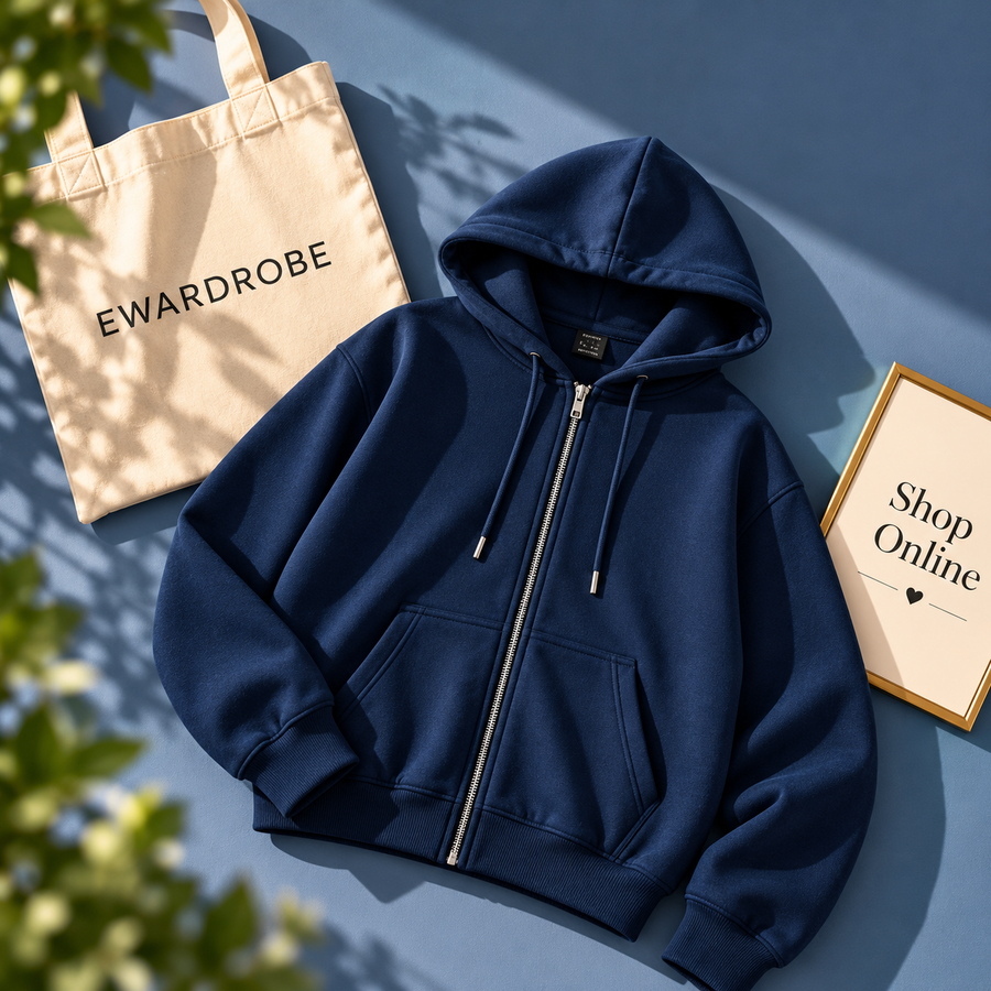 Basic Navy Blue Zipper Hoodie