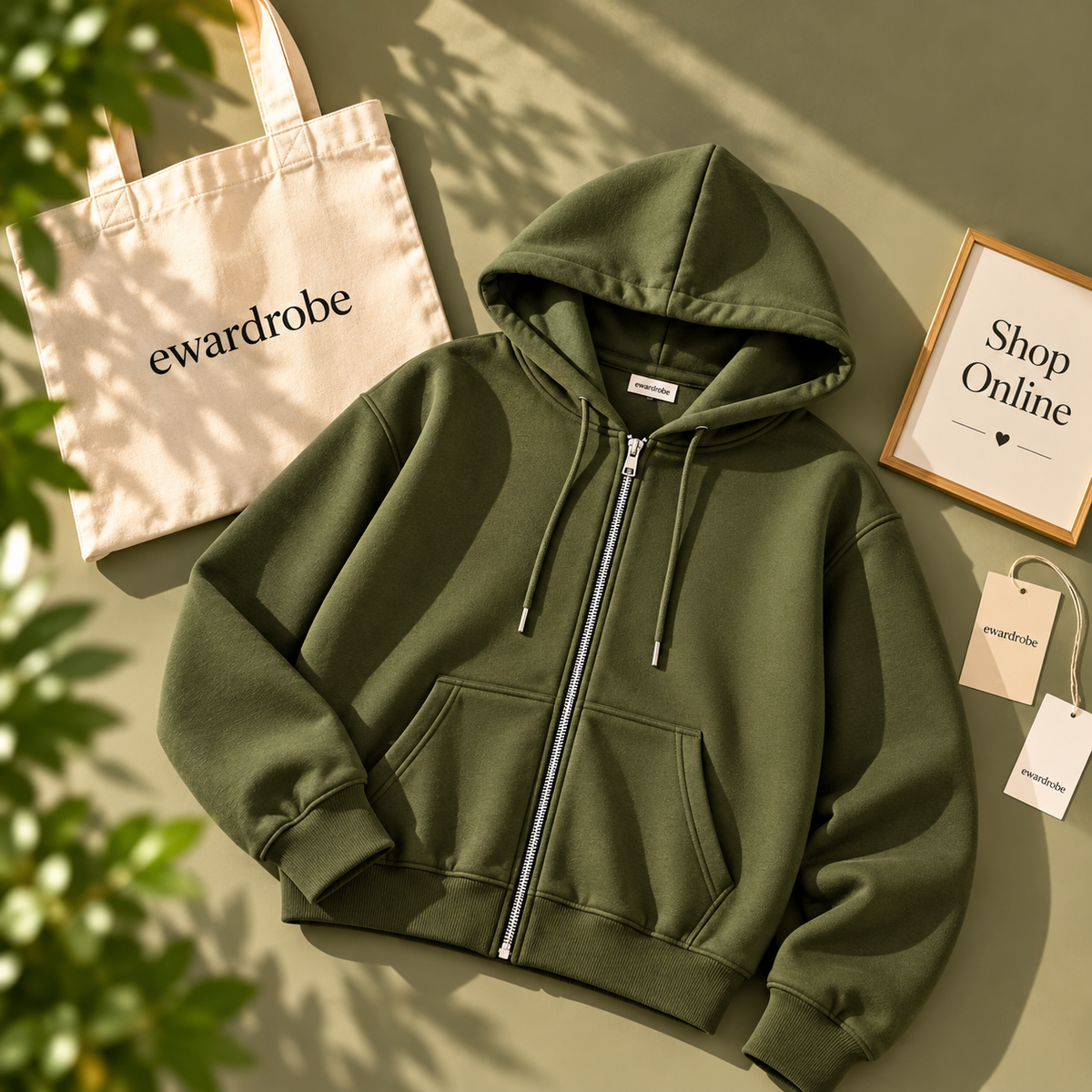 Basic Olive Green Zipper Hoodie