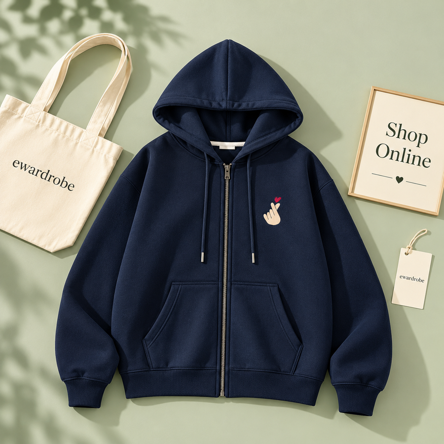 Navy Blue Zipper Hoodie Pocket Love Charm