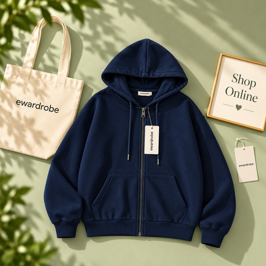 Basic Navy Blue Zipper Hoodie