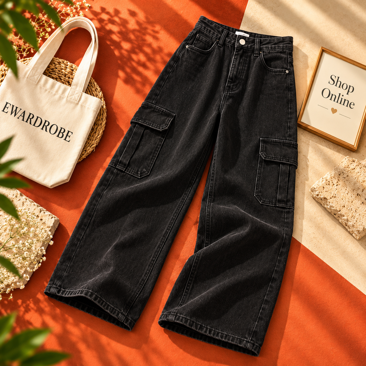 Black Cargo Wide Leg Jeans
