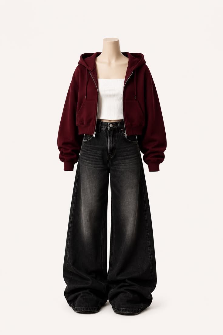 Maroon Zipper +Inner with Vintage Black Wide Leg Jeans