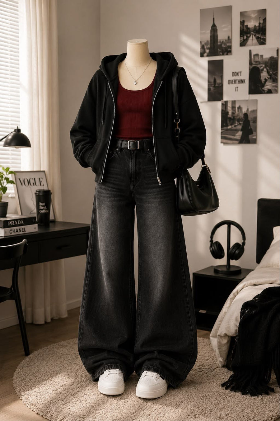 Black Zipper + Maroon Inner with Vintage Black Wide Leg Jeans