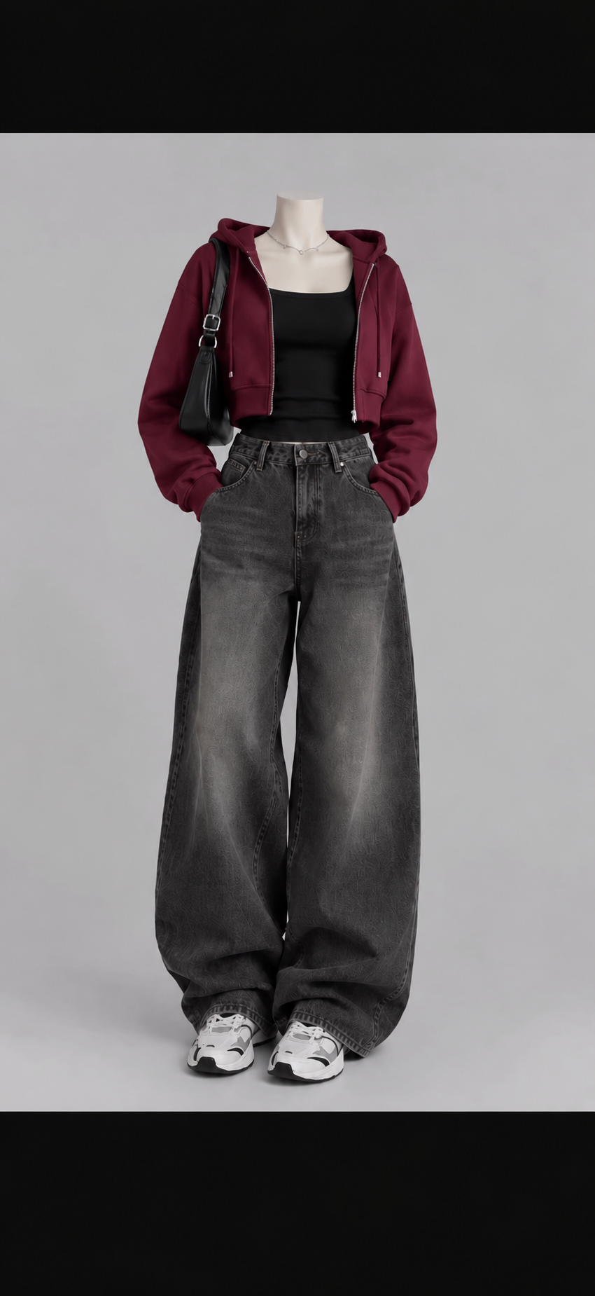 Maroon Zipper + Black Inner with Vintage Black Wide Leg Jeans