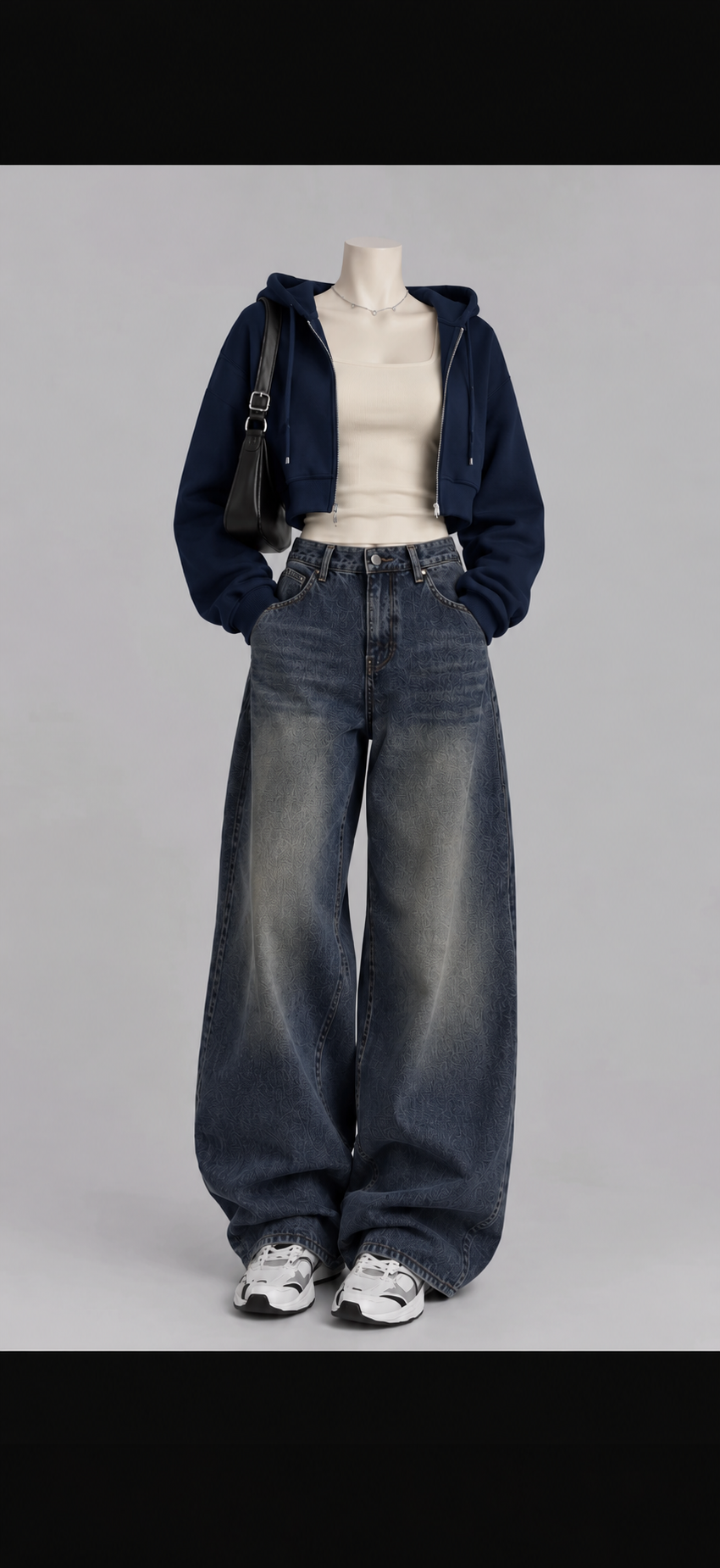 Navy Blue Zipper +Inner with Vintage Dark Blue Wide Leg Jeans