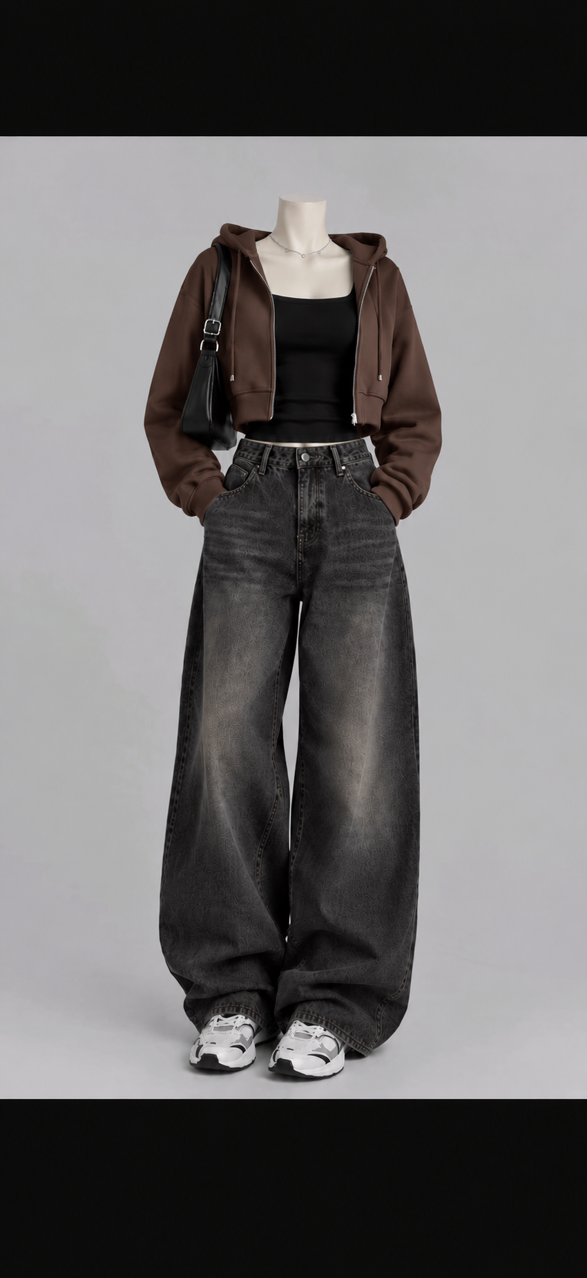 Brown Zipper +Inner with Vintage Black Wide Leg Jeans