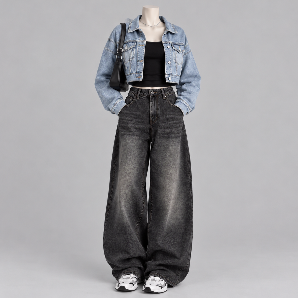 Ice Blue Denim Jacket +Inner with Vintage Black Wide Leg Jeans