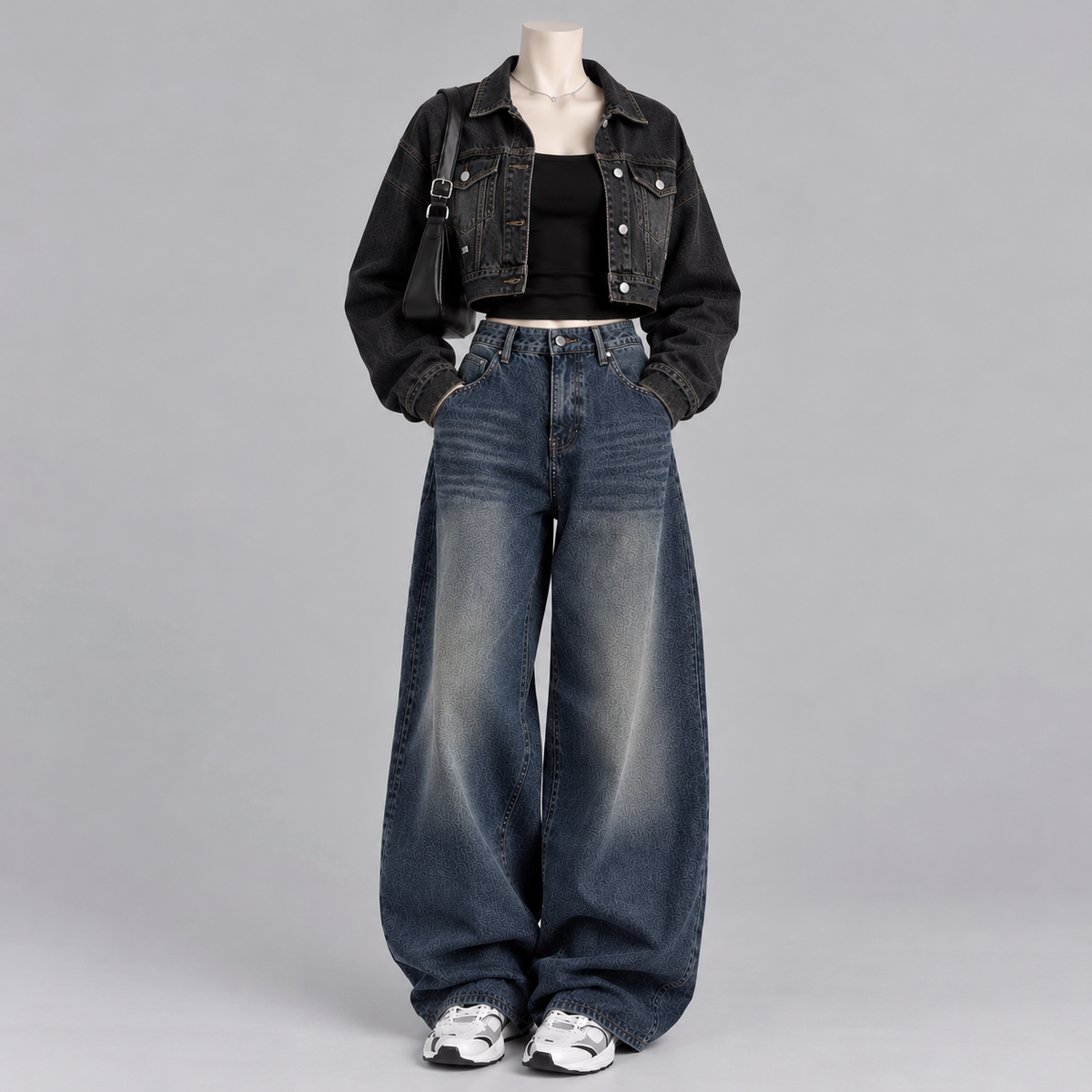 Black Denim Jacket +Inner with Vintage Dark Blue Wide Leg Jeans