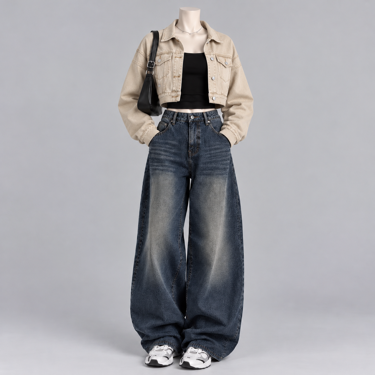 Beige Denim Jacket +Inner with Vintage Dark Blue Wide Leg Jeans