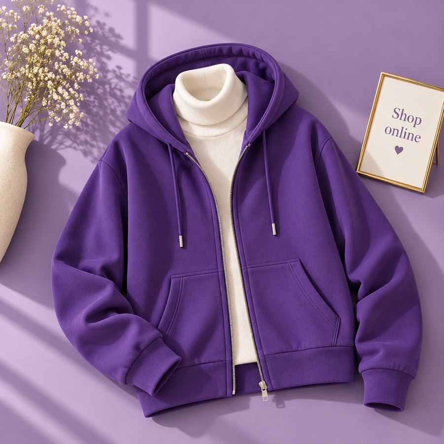 Basic Purple Zipper Hoodie With White Highneck