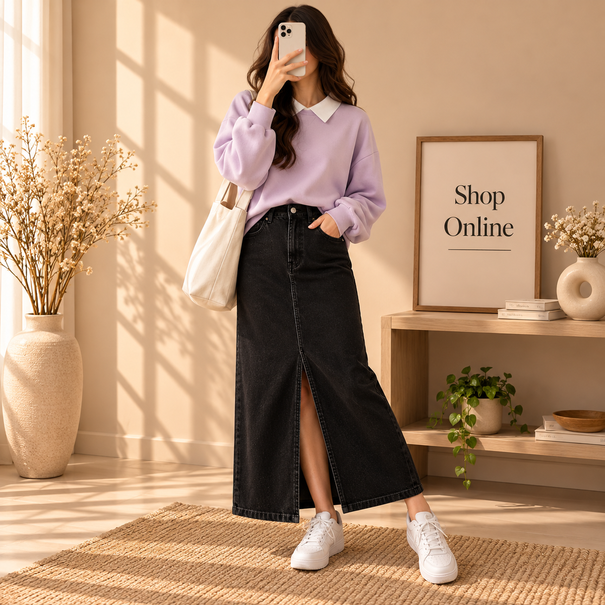 Basic Lilac Collar Sweatshirt With Black Denim Skirt