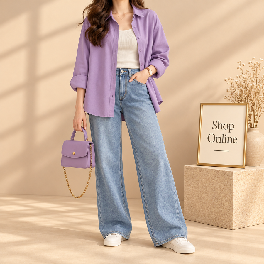 Lilac Button Down Shirt With White Inner Tanktop And Ice Blue Wide Leg Jeans