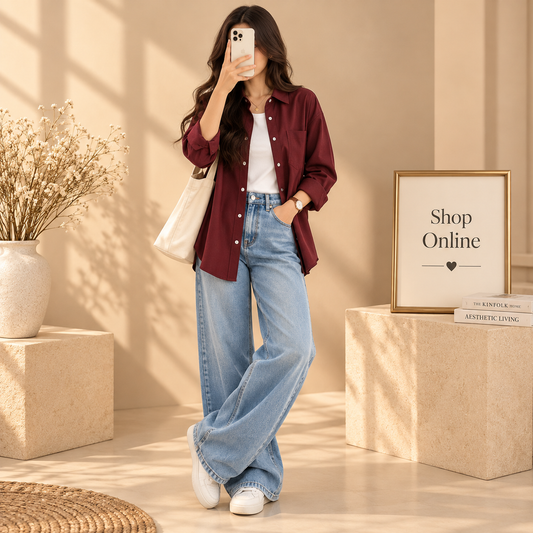 Maroon Button Down Shirt with Ice Blue Mom Jeans and White Inner Tee