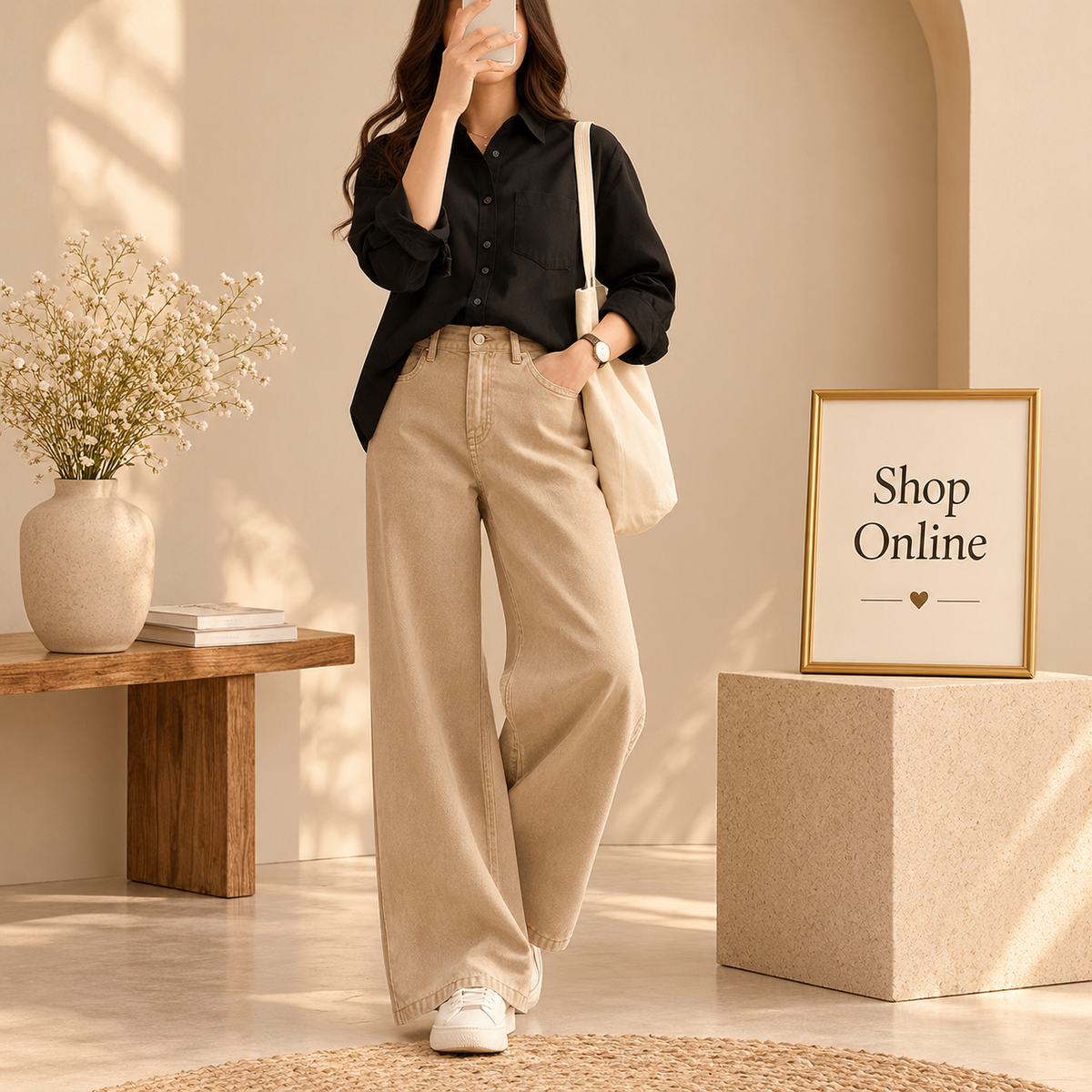 Black Button Down Shirt with Beige Wide Leg Jeans