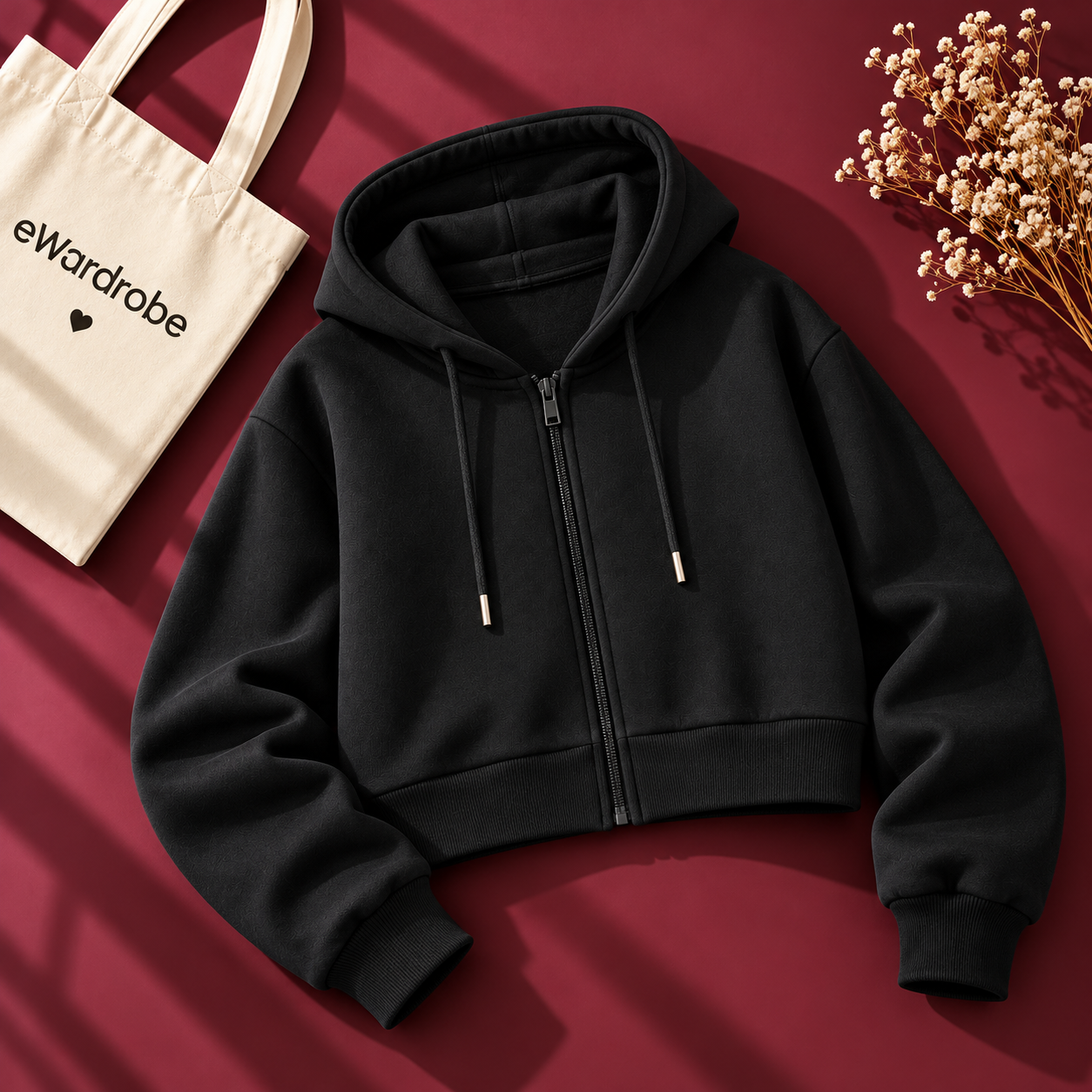 Black Zipper Crop Hoodie