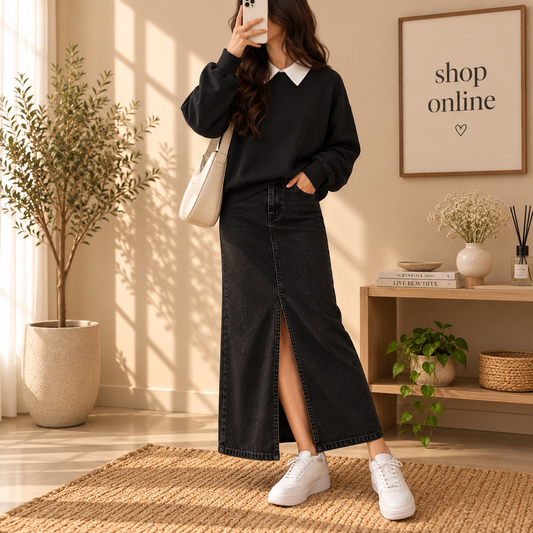 Basic Black Collar Sweatshirt With Black Denim Skirt