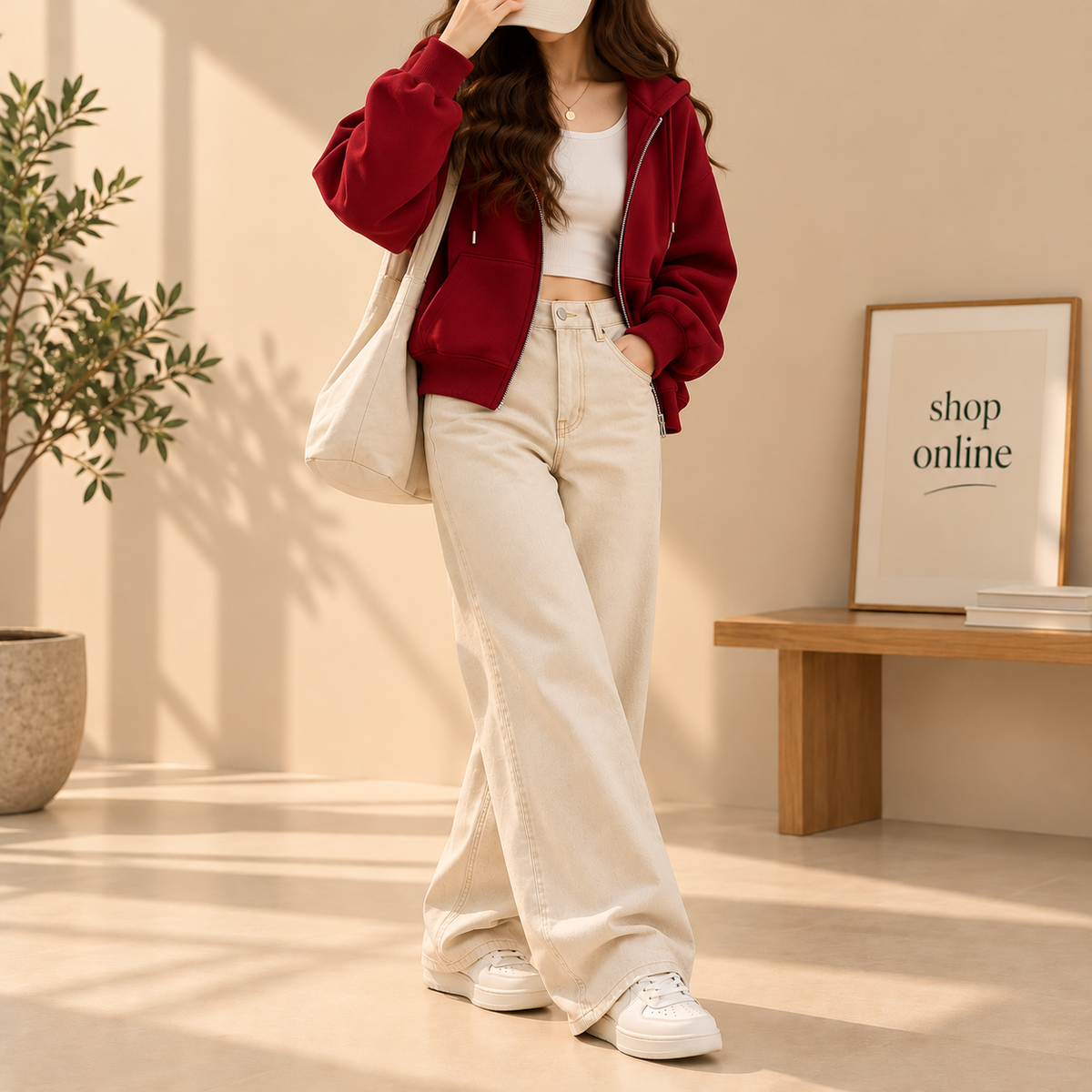 Basic Red Zipper Hoodie With Beige Wide Leg Jeans