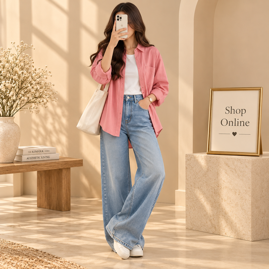 Pink Button Down Shirt With White Inner Tee and Ice Blue Wide Leg Jeans