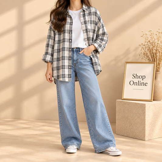 Simple Check Shirt Outfit (3 Pcs)