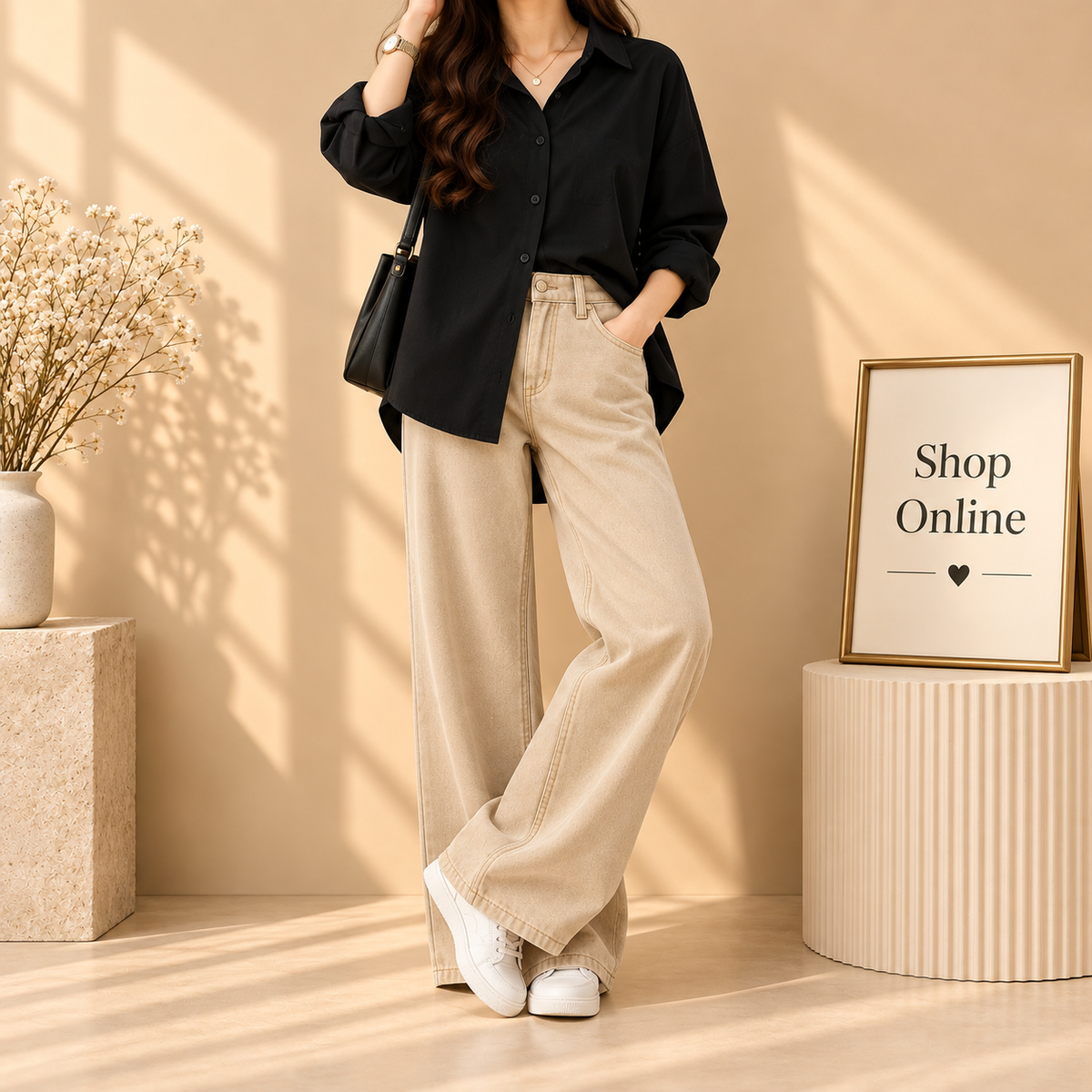 Black Button Down Shirt with Beige Wide Leg Jeans