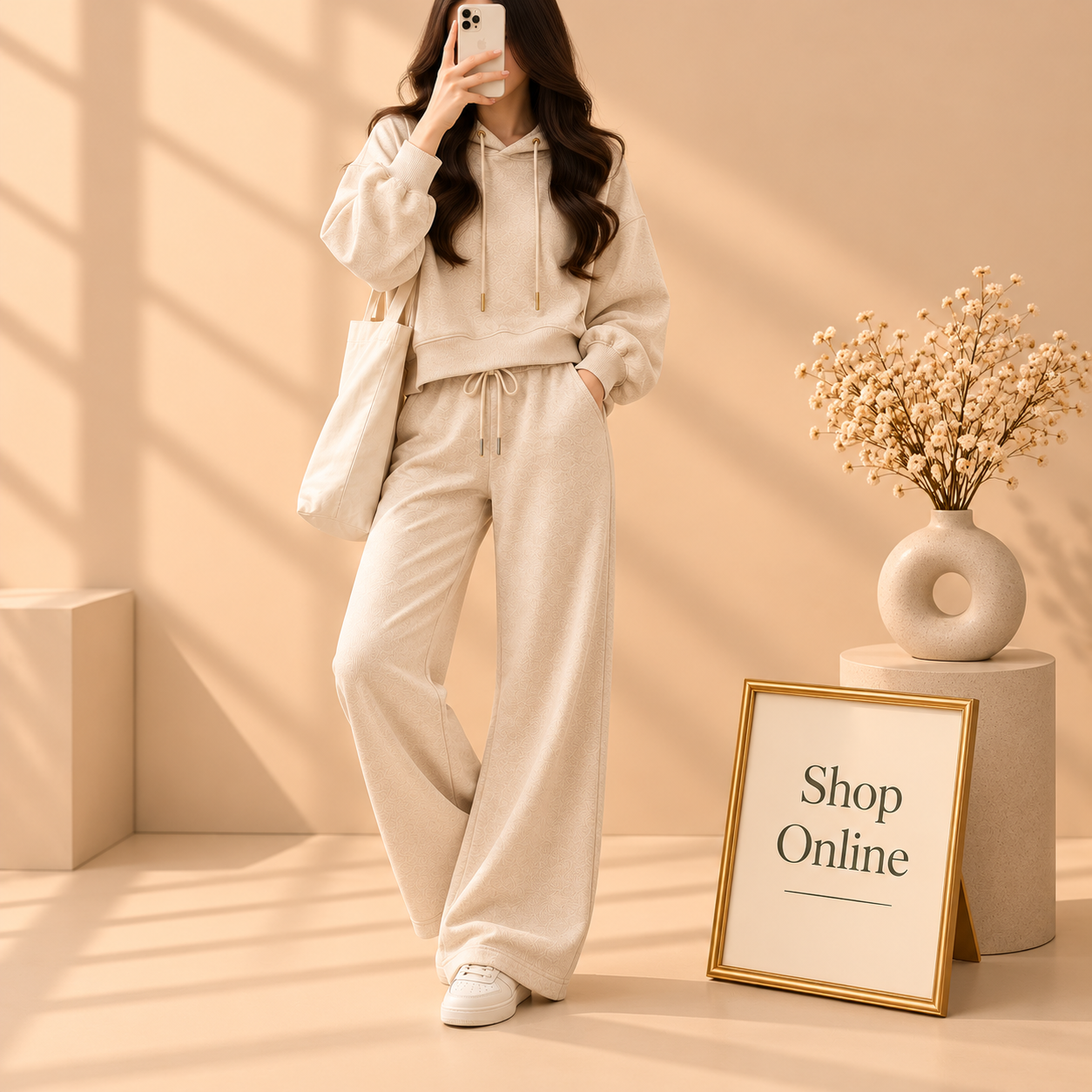 Basic Beige Crop Hoodie With Beige Flapper