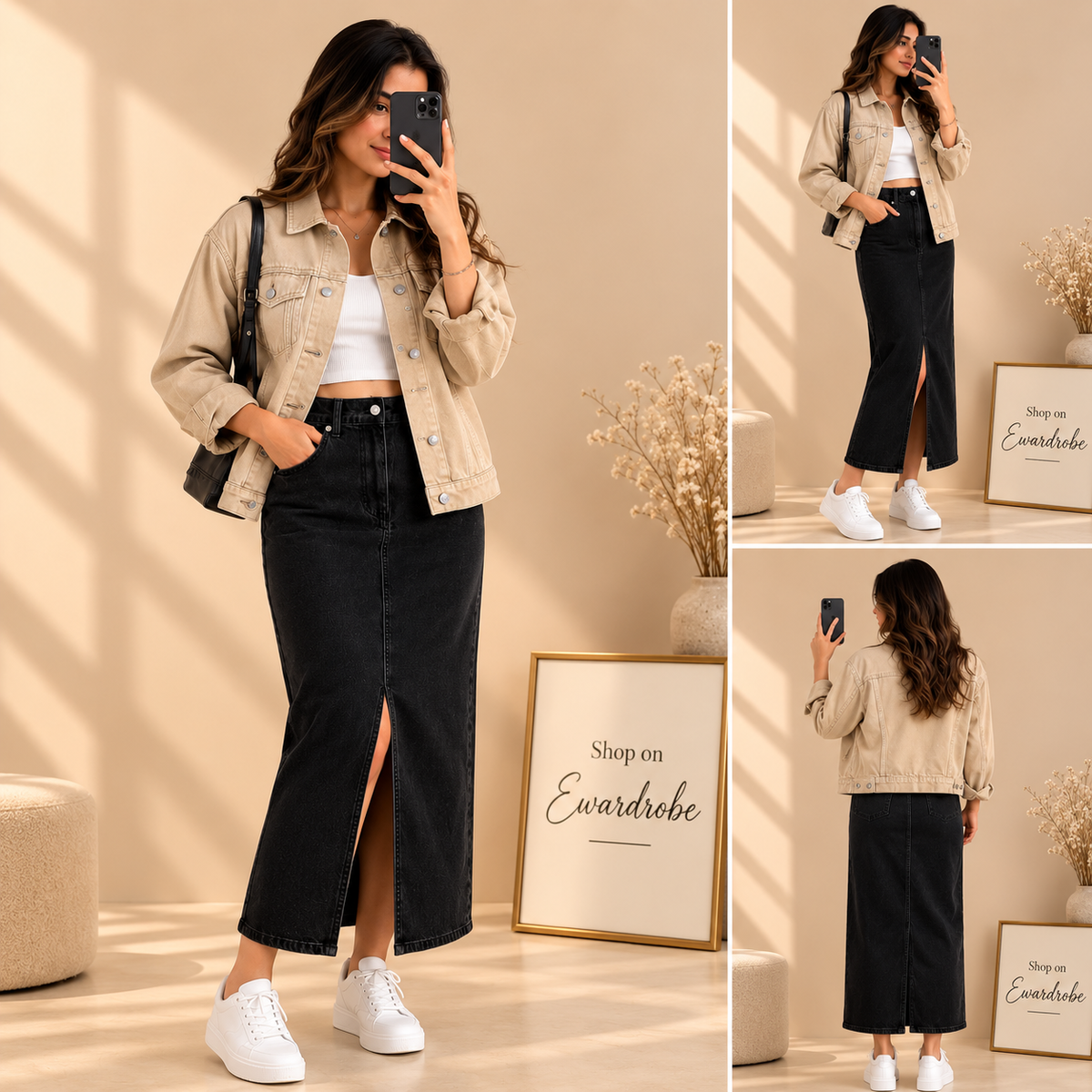 Beige Denim Jacket with Black Denim skirt