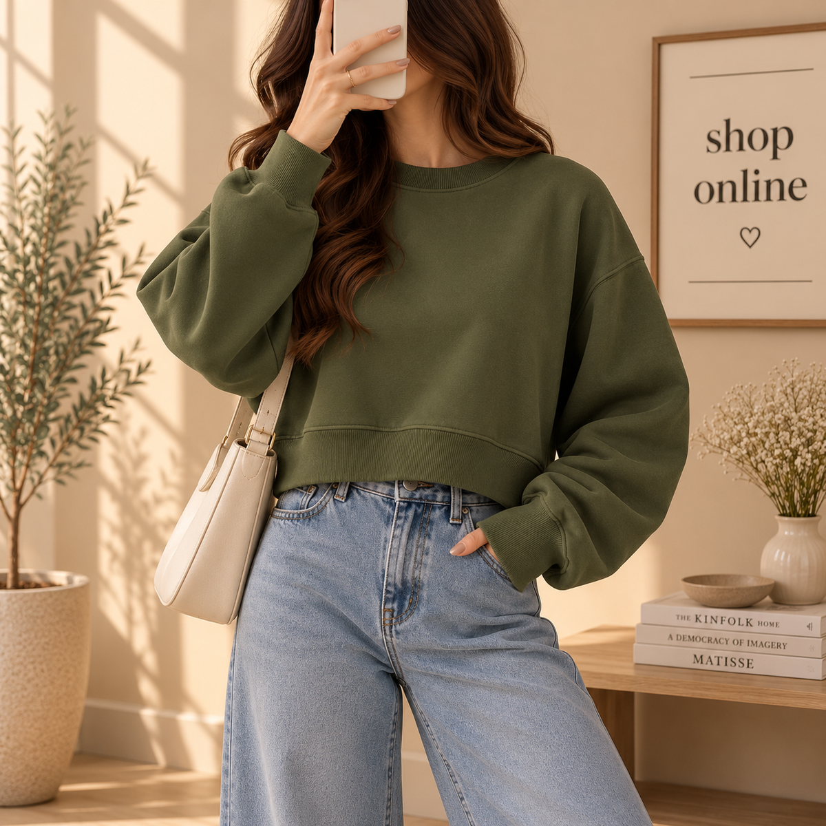 Basic Olive Green Crop Sweatshirt
