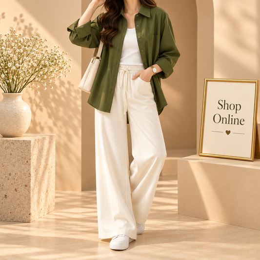 Olive Green Button Down shirt With Beige Flapper