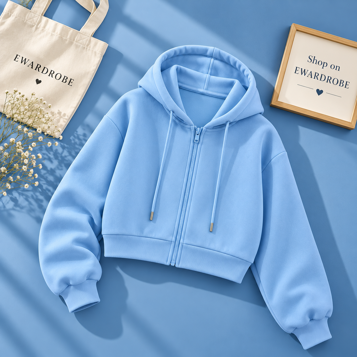 Basic Sky Blue Zipper Crop Hoodie